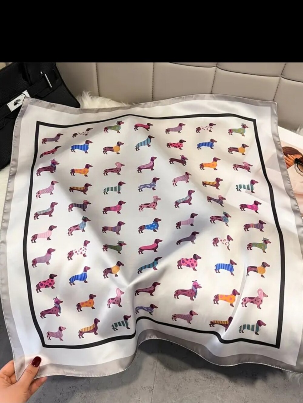 Stylish Dachshund Dogs Print Satiny Scarf - Neutral Grey Black piped  Border